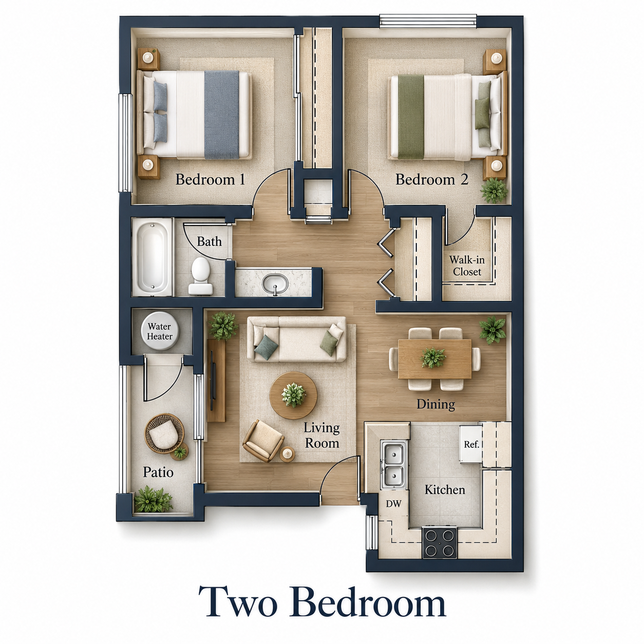 Floor plan for 2 beds, 1 bath, 680 sqft